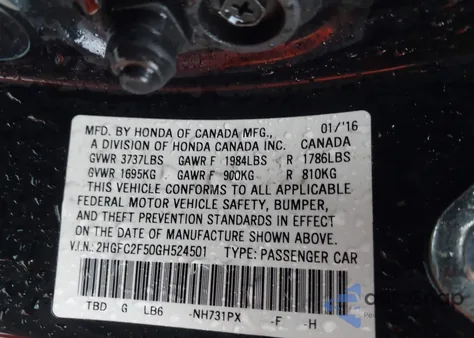 2016 Honda Civic Lx from USA, damaged, VIN 2HGFC2F50GH524501